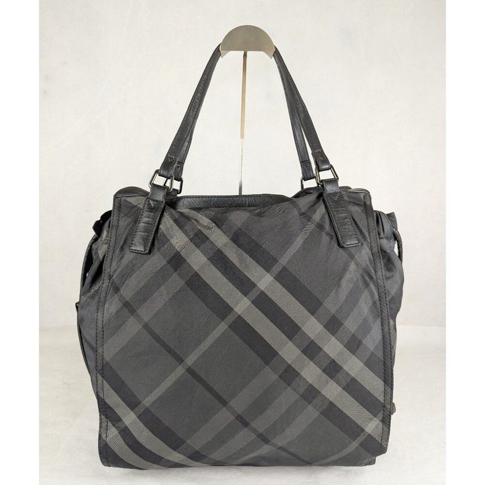 Auth BURBERRY Black/Gray Supernova Check Nylon Buckleigh Tote Bag